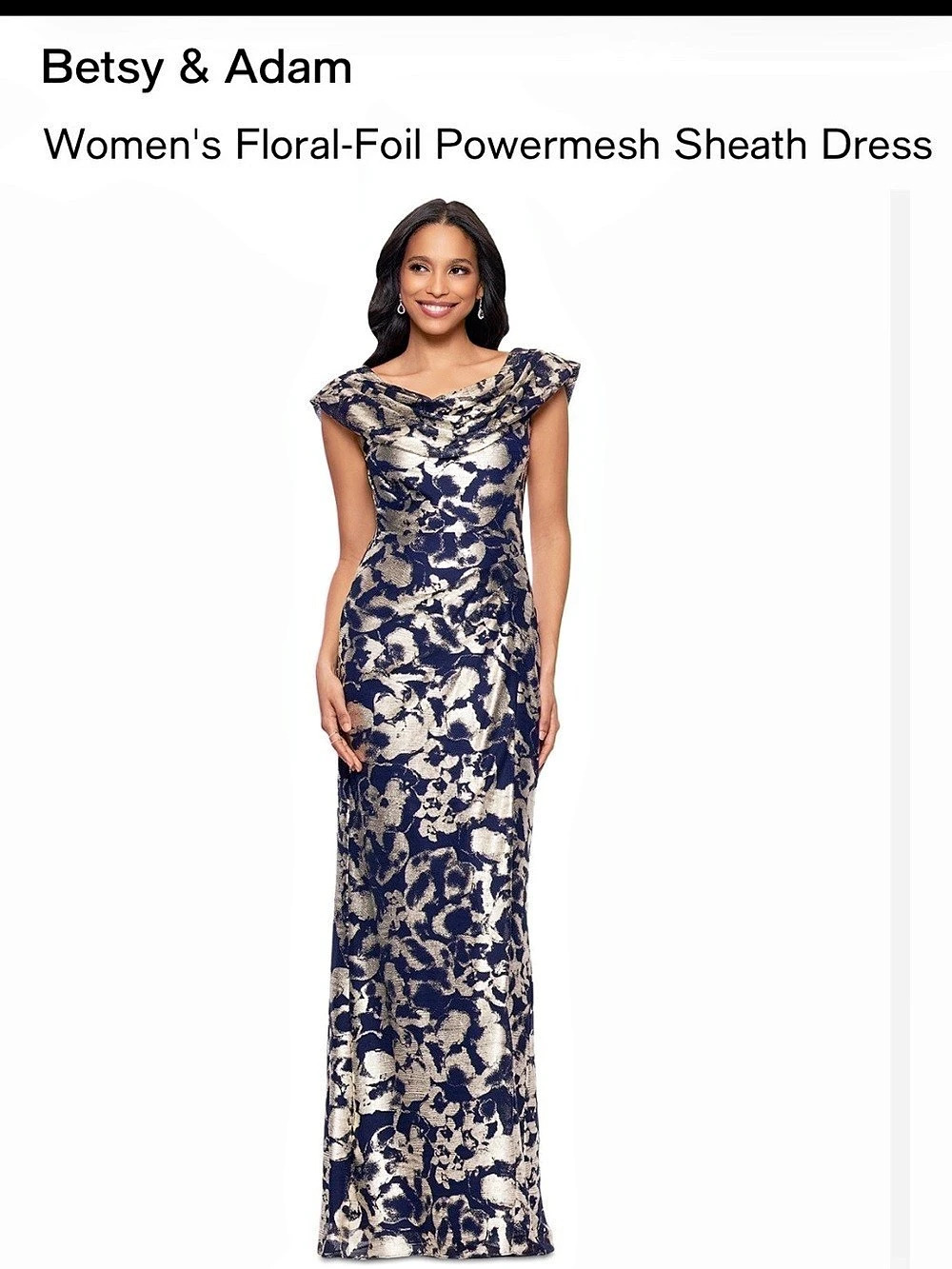 Betsy & Adam Floral-Foil Powermesh Sheath Dress Maxi Dress Blue & Gold NWT
